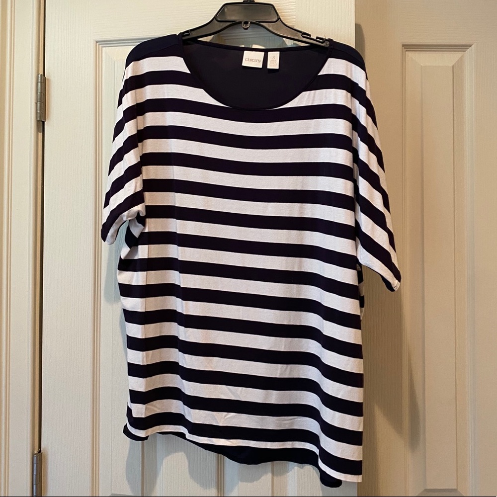 Chico’s Navy stripe top with navy chiffon back
